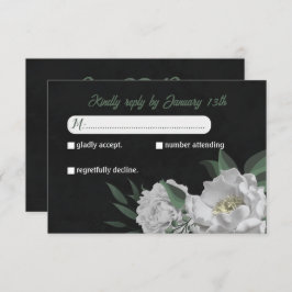 ロマンチックな白い花の緑の植物黒 出欠カード