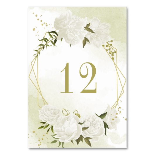 ロマンチックな白い花の緑の金ゴールド幾何学的 テーブルナンバー (正面)