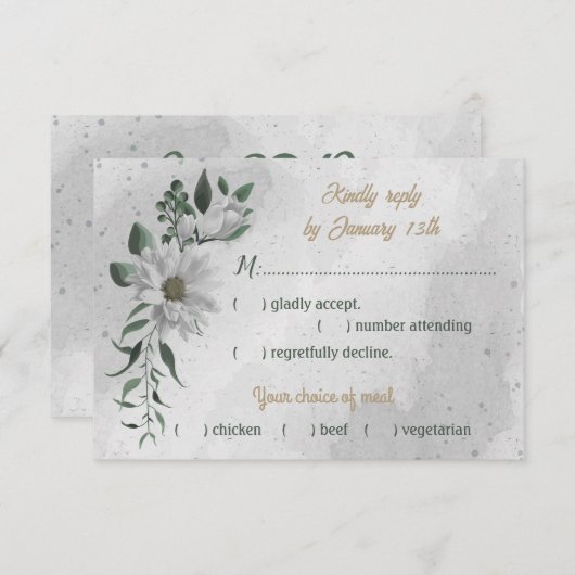 ロマンチックな白い花の緑の食事の選択 出欠カード (正面/裏面)