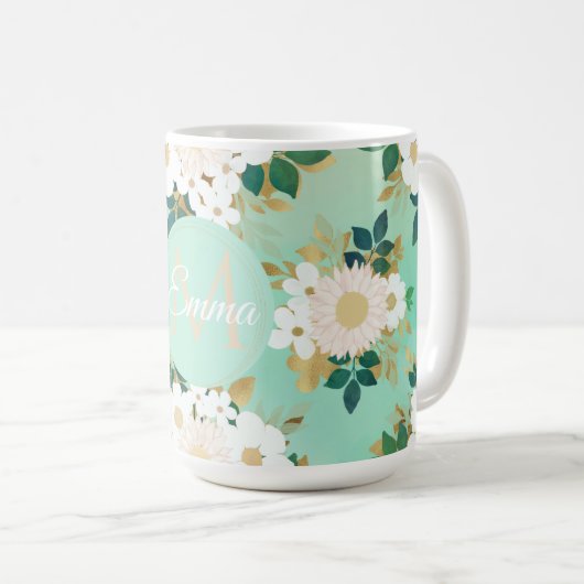 ロマンチックな白い花ミントウォーター色のデザイン コーヒーマグカップ (正面右)