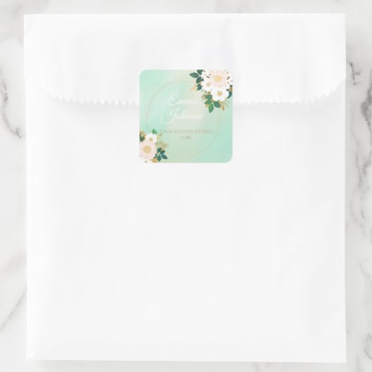 ロマンチックな白い花ミントウォーター色のデザイン スクエアシール (バッグ)