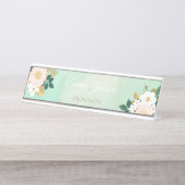 ロマンチックな白い花ミントウォーター色のデザイン デスクネームプレート (正面)