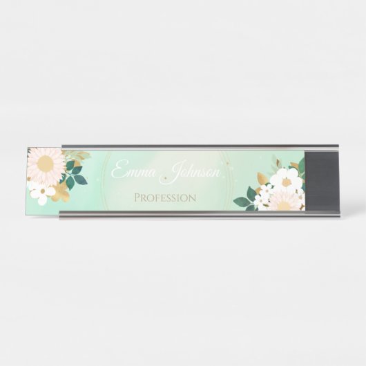 ロマンチックな白い花ミントウォーター色のデザイン デスクネームプレート (正面)