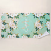 ロマンチックな白い花ミントウォーター色のデザイン ビーチタオル (正面)