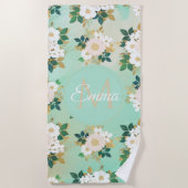 ロマンチックな白い花ミントウォーター色のデザイン ビーチタオル (正面)