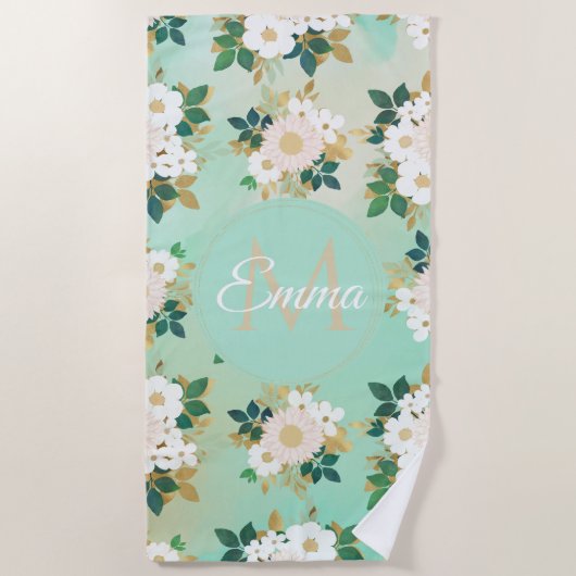 ロマンチックな白い花ミントウォーター色のデザイン ビーチタオル (正面)