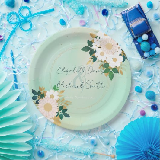 ロマンチックな白い花ミントウォーター色のデザイン ペーパープレート (パーティー)