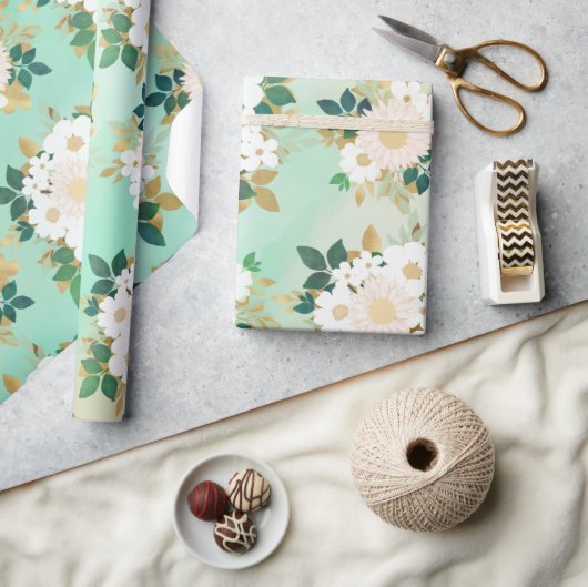 ロマンチックな白い花ミントウォーター色のデザイン ラッピングペーパー (クラフト)