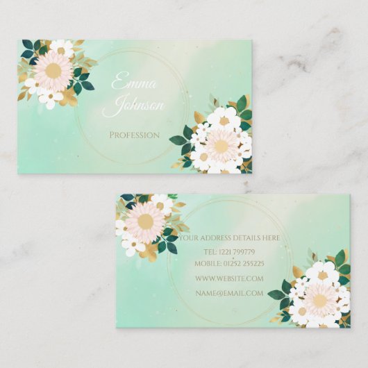 ロマンチックな白い花ミントウォーター色のデザイン 名刺 (正面/裏面)