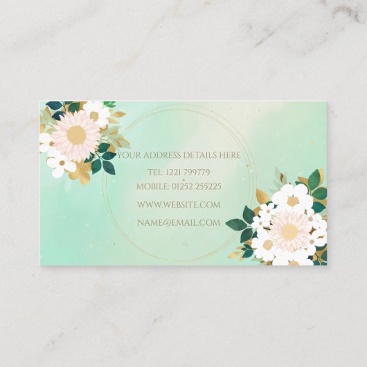 ロマンチックな白い花ミントウォーター色のデザイン 名刺 (裏面)