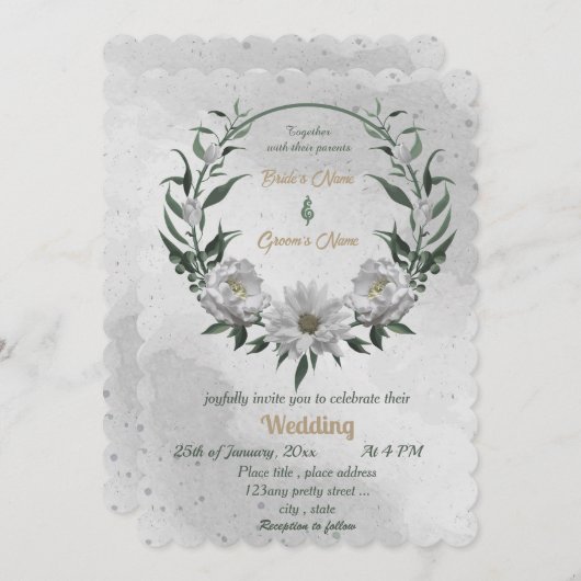 ロマンチックな白い花結婚植物学 招待状 (正面/裏面)