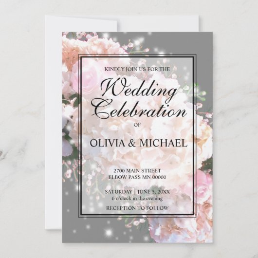 ロマンチックな白とグレーレースのアジサイのピンクのバラ 招待状 (正面)