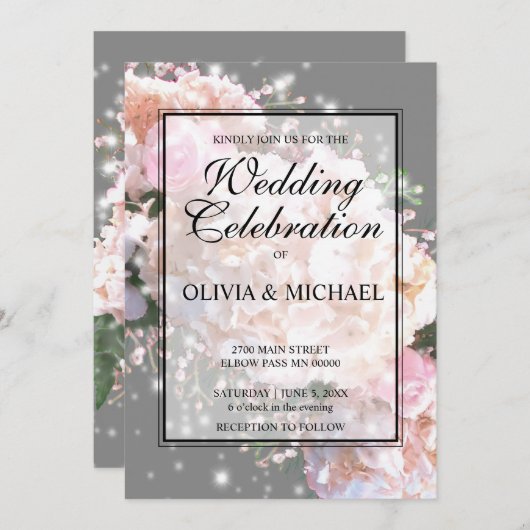 ロマンチックな白とグレーレースのアジサイのピンクのバラ 招待状 (正面/裏面)