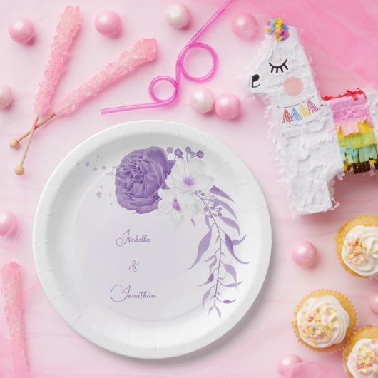ロマンチックな白と紫の結婚式 ペーパープレート (パーティー)