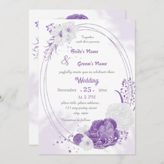 ロマンチックな白と紫の花ジオメト結婚リ 招待状 (正面/裏面)