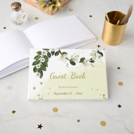 ロマンチックな白と金ゴールドの花の緑 ゲストブック
