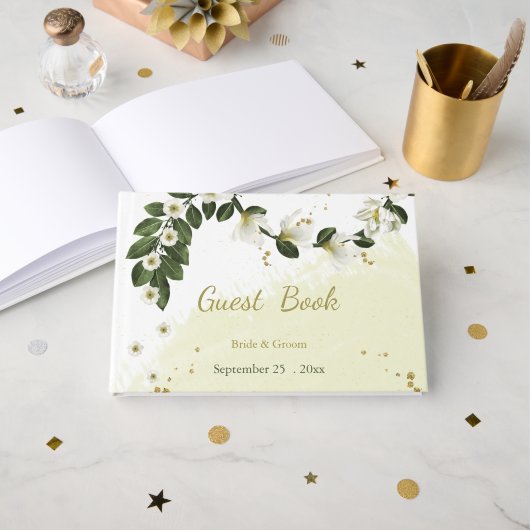 ロマンチックな白と金ゴールドの花の緑 ゲストブック (正面見開き)