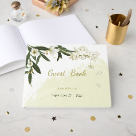 ロマンチックな白と金ゴールドの花の緑 ゲストブック