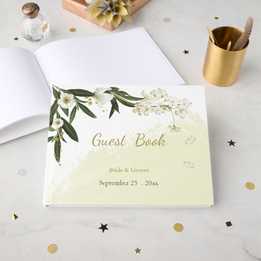 ロマンチックな白と金ゴールドの花の緑 ゲストブック (正面見開き)