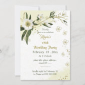 ロマンチックな白と金ゴールドの花の誕生日の招待 招待状 (正面)