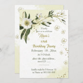 ロマンチックな白と金ゴールドの花の誕生日の招待 招待状 (正面/裏面)
