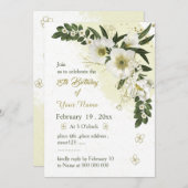 ロマンチックな白と金ゴールドの花の誕生日 招待状 (正面/裏面)