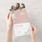 ロマンチックな白の優しい花ピンクの写真結婚のピンク オールインワン招待状 (貼ってはがせる)