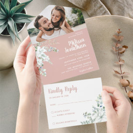 ロマンチックな白の優しい花ピンクの写真結婚のピンク オールインワン招待状