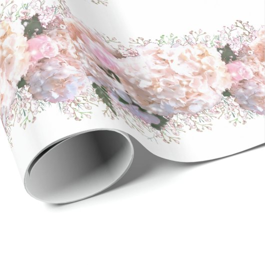 ロマンチックな白ピンクのアジサイ、ピンクの白い花 ラッピングペーパー (ロールコーナー)