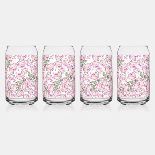 ロマンチックな白ピンクの黄色の夏のバラフローラ ガラス缶 (正面)