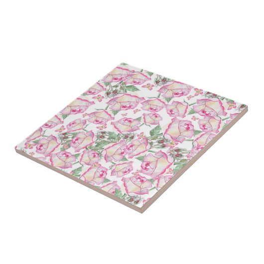 ロマンチックな白ピンクの黄色の夏のバラフローラ タイル (側面)