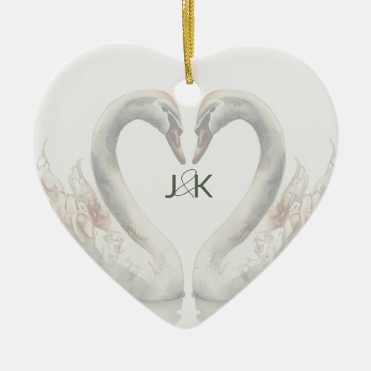 ロマンチックな白鳥モノグラム写真の追加 セラミックオーナメント (正面)