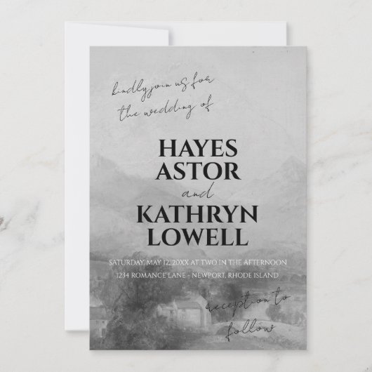 ロマンチックな白黒のエレガントクラシック旧金 招待状 (正面)