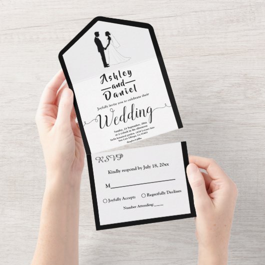 ロマンチックな白黒クラシックのフォーマル結婚 オールインワン招待状 (貼ってはがせる)
