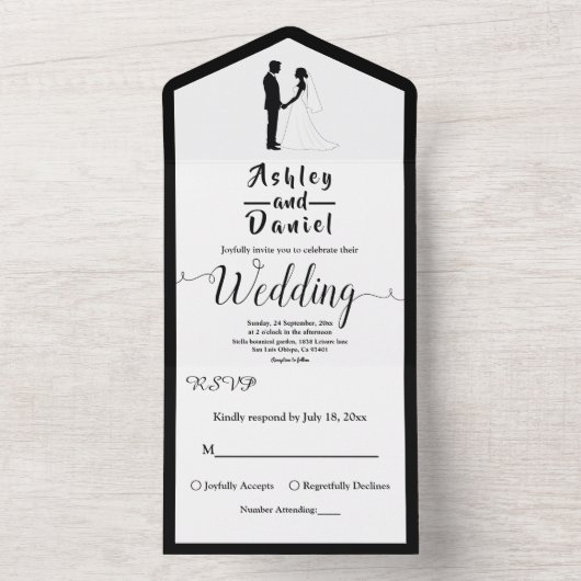 ロマンチックな白黒クラシックのフォーマル結婚 オールインワン招待状 (内側)