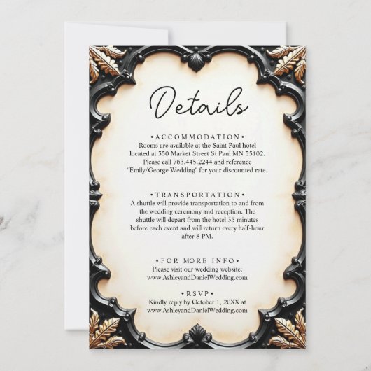 ロマンチックな白黒クラシックのフォーマル結婚 招待状 (裏面)