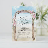 ロマンチックな目的地のビーチ結婚式日付を保存 カード (スタンド正面)