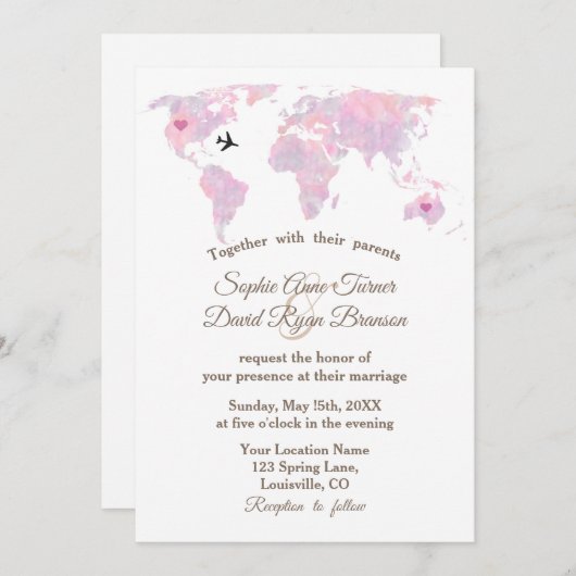 ロマンチックな目的地の結婚式の水のカラーワールドマップ 招待状 (正面/裏面)