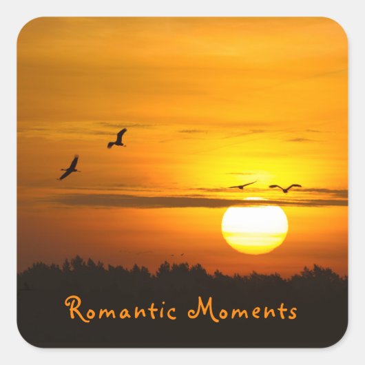 ロマンチックな瞬間クレーンの日の出の写真と文字 スクエアシール (正面)
