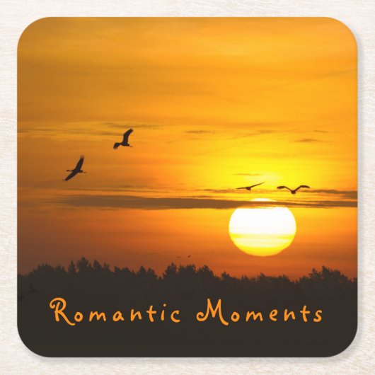ロマンチックな瞬間クレーンの日の出の写真と文字 スクエアペーパーコースター (正面)