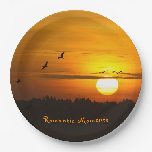 ロマンチックな瞬間クレーンの日の出の写真と文字 ペーパープレート (正面)