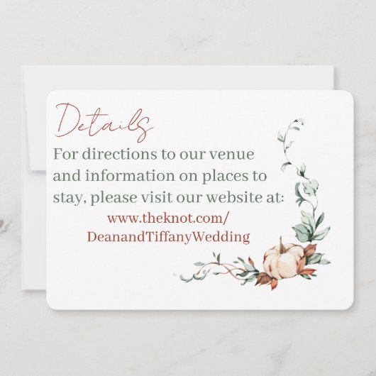 ロマンチックな秋のウェディング ディテール カード (正面)