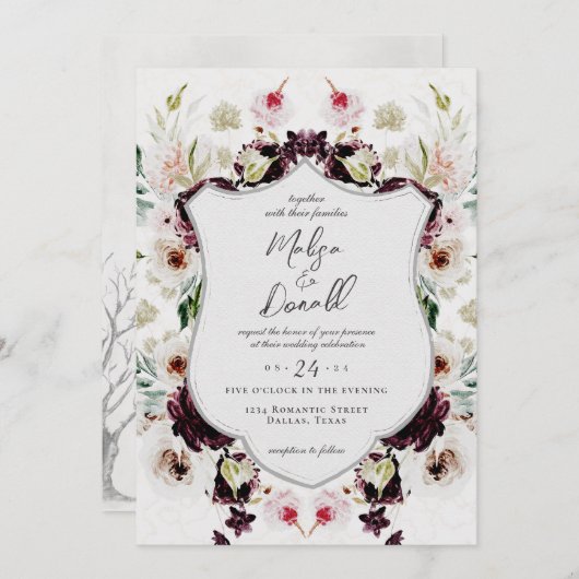 ロマンチックな秋のウッドランドフローラ結婚クレスト 招待状 (正面/裏面)