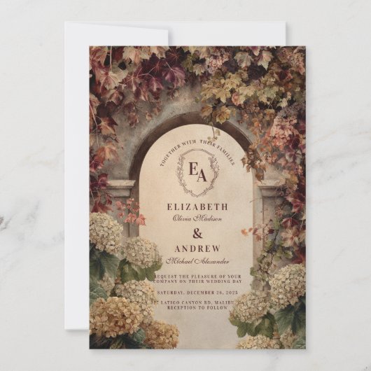 ロマンチックな秋のブドウ園の結婚アーチウェイ 招待状 (正面)