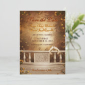 ロマンチックな秋の落ち葉とバラの結婚式予告 招待状 (スタンド正面)