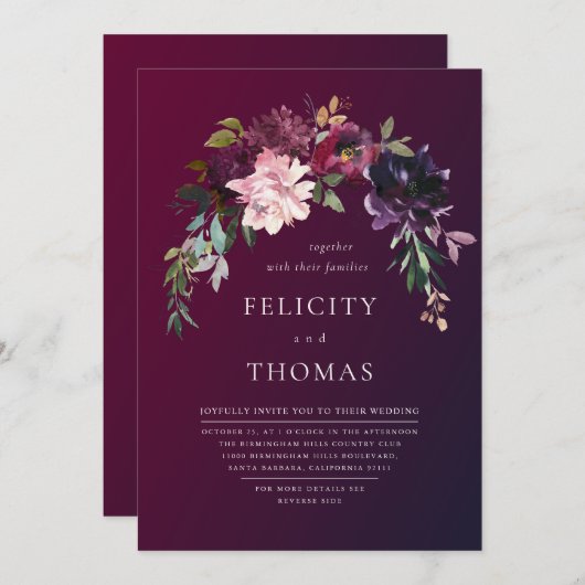 ロマンチックな秋フローラブルゴーニュ洗浄QRコード結婚ズ 招待状 (正面/裏面)