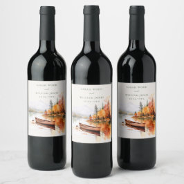 ロマンチックな秋湖と結婚ボート ワインラベル