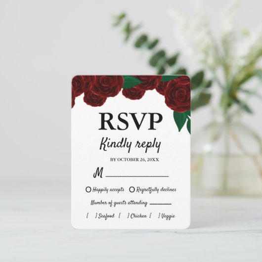ロマンチックな秋結婚屋外の美しい赤いバラ 出欠カード (スタンド正面)
