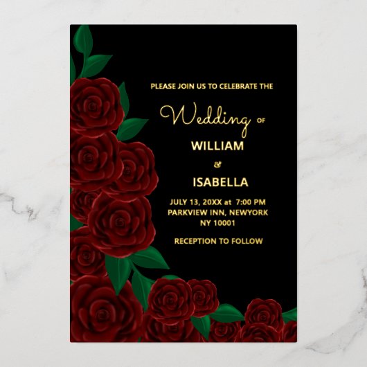 ロマンチックな秋結婚屋外の豪華な赤いバラ 箔招待状 (正面)