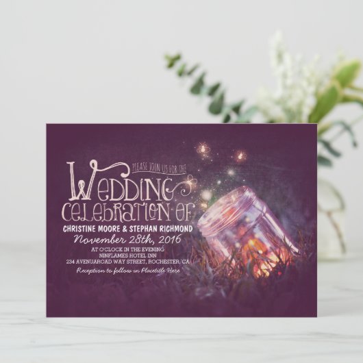 ロマンチックな素朴なメイソンの瓶とホタル結婚ズの 招待状 (スタンド正面)